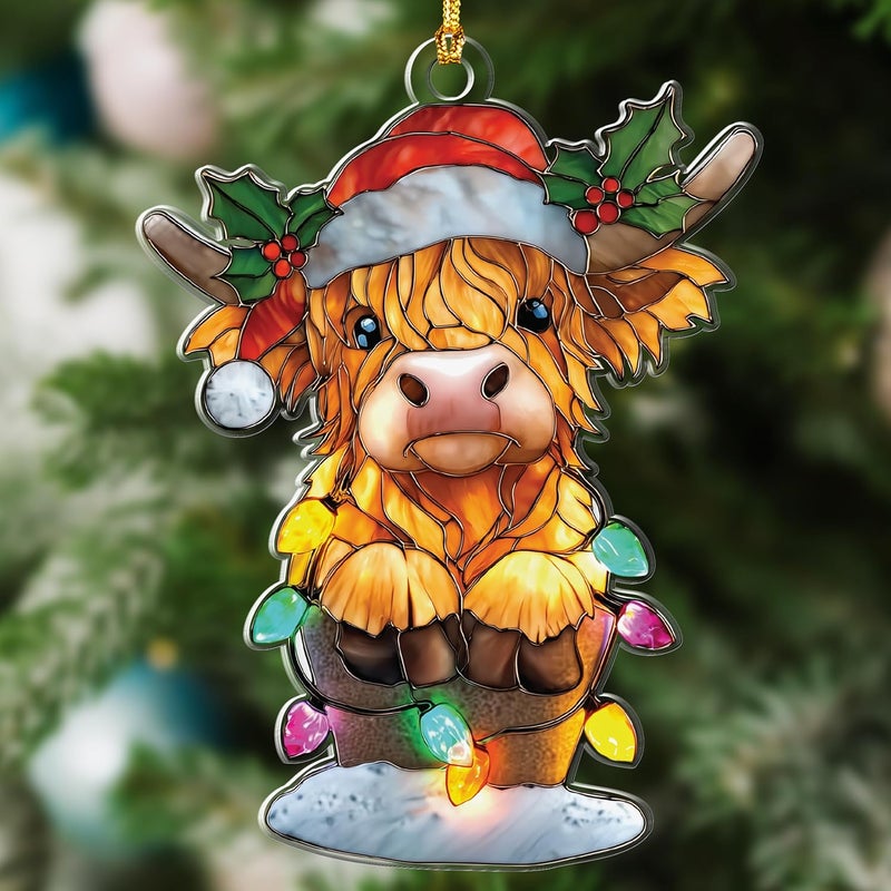 Hangwoous Highland Cow Christmas Ornaments - Stained Glass Effect Highland Cow Decor - Christmas Ornament 2025 - Cow Ornaments For Tree - Farm Animal Decor - Scottish Gifts For Women - Window Hanging Suncatcher - Image 1